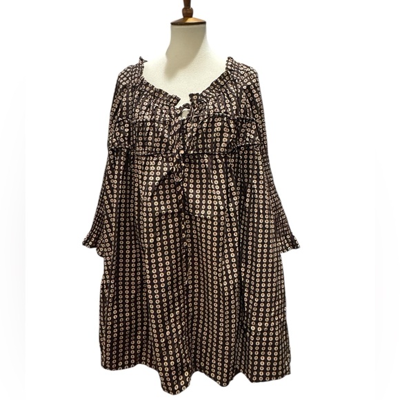 Free People Other - Free People Brown and White Ruffled Bell Sleeve Dress Size XL